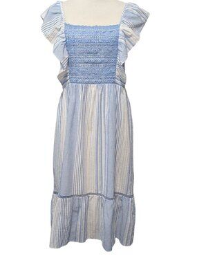 Heartloom Womens Size L Spencer Blue White Stripes Ruffle Lace Smocked Sundress